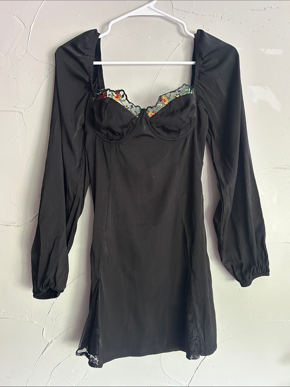 Princess Polly Black Long Sleeve Mini Dress with Floral Trim Bust and Lace
